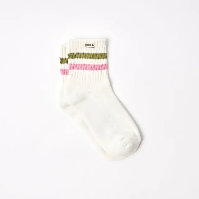 Roka London Windsor Stripe crew sokker Avocado Pink stribet