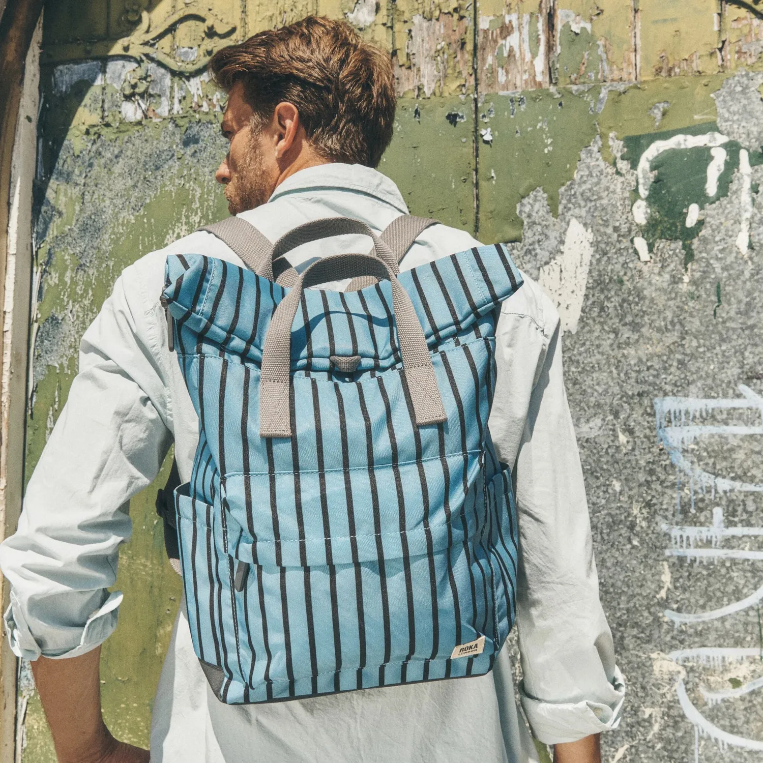 Roka London Canfield Roll Top rygsæk Blue Stripe vegansk