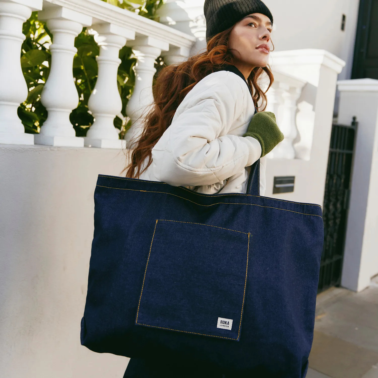 Roka London Portobello tote Large Dark Wash Denim laptoprum